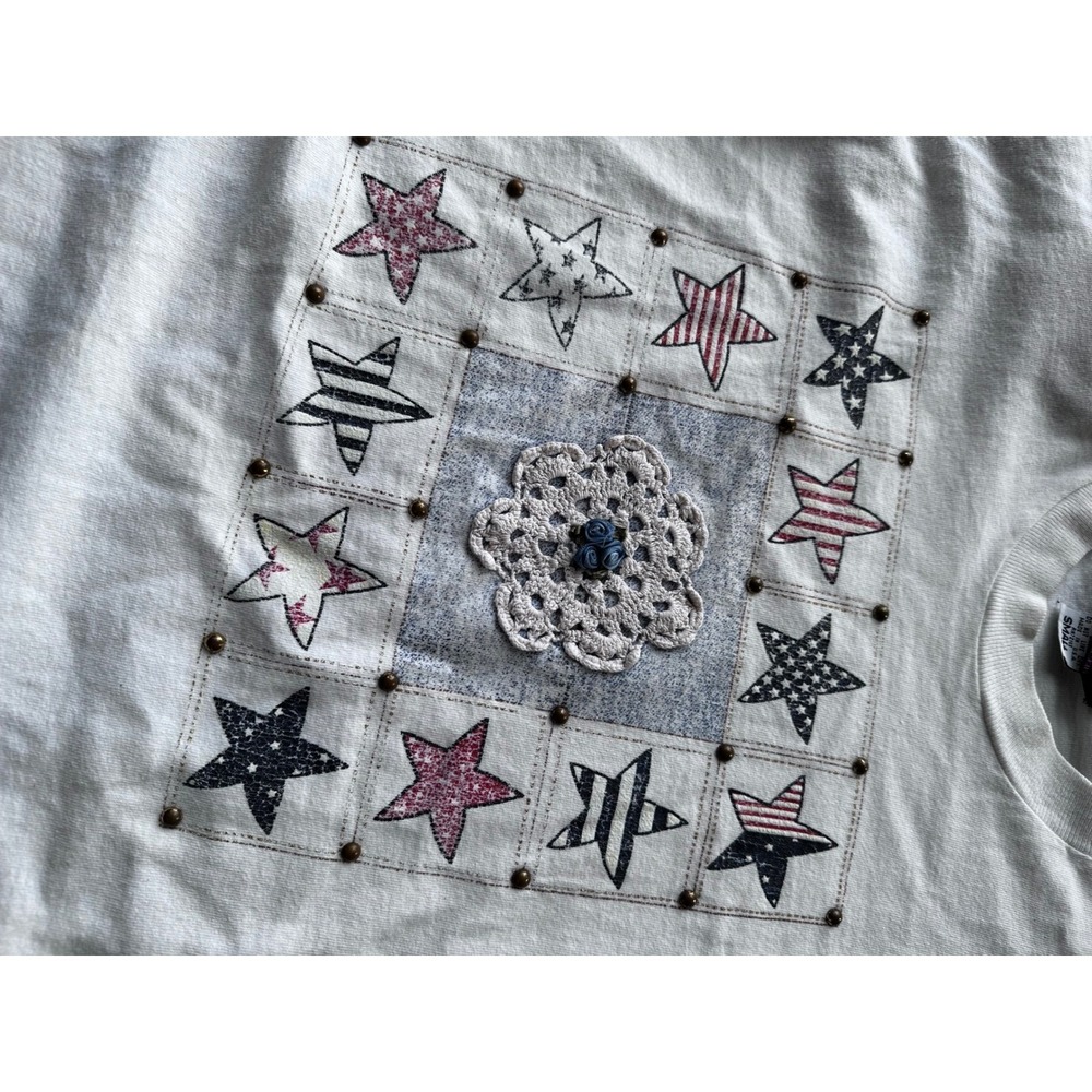 Vintage PGB Americana Stars Crochet‎ Studded T-Shirt White Womens Small USA Made - Picture 6 of 8